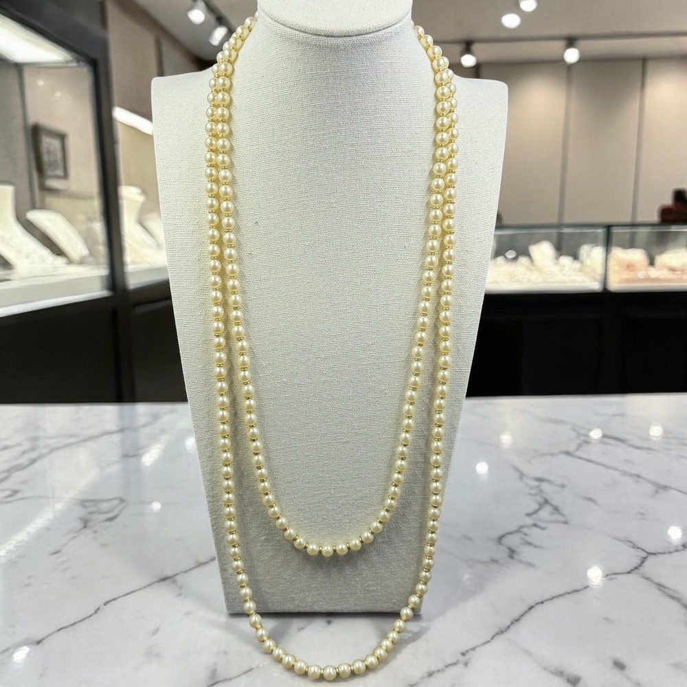 Vintage Faux Ivory Pearl Necklace 2 Strands Gold Spacers Preppy Coquette